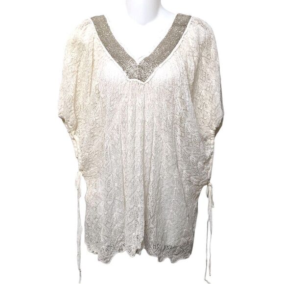 Anthropologie KNITTED & KNOTTED Cille Beaded Lace Top Ivory Blouse S - Picture 2 of 11